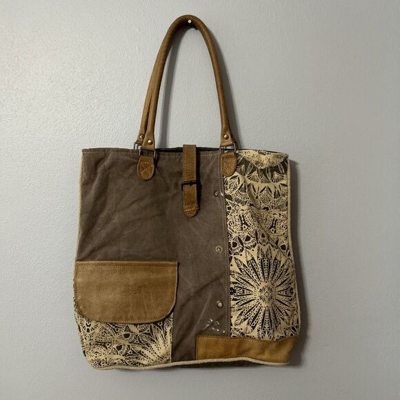 Myra Handbags - Myra Tote Bag Leather & Canvas Floral Large Bag Zip closure Multiple pockets
